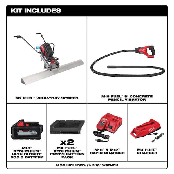MX FUEL Lithium-Ion Cordless Vibratory Screed and M18 FUEL 18V 8 ft. Concrete Pencil Vibrator Kit W/6.0Ah Battery