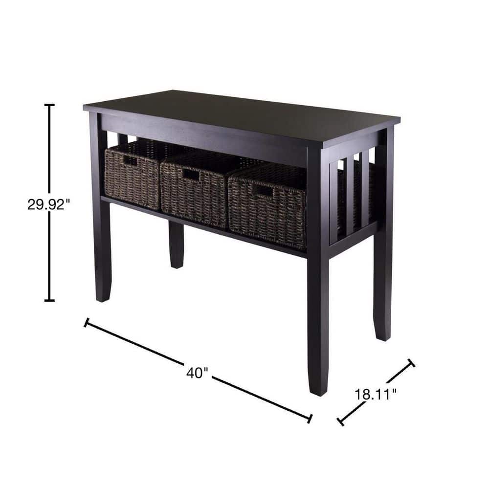 Transitional Espresso Brown Rectangular Console Table with Glass Top & Storage Baskets