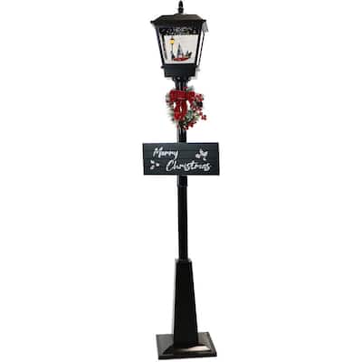 71 in. Christmas Musical Snowy Street Lamp with Retro Truck Scene, 2 Rustic Signs, Cascading Snow and Christmas Carols