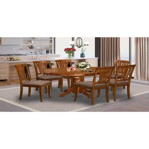 7-Piece Oval Saddle Brown Finish Solid Wood Top Dining Table with 6-Chairs with Lattice Back