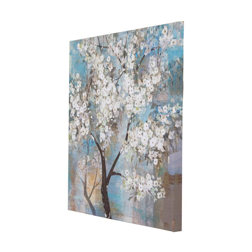 White Blossom Tree Painting on Canvas with Teal and Tan Accents