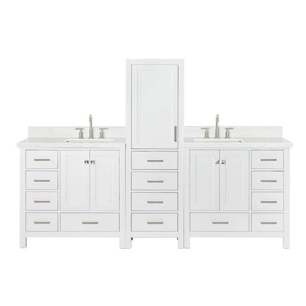 Cambridge 3-Piece 92 in. Wide Double Sink Bath Vanity And Linen Cabinet Set In White With Carrara White Quartz Top