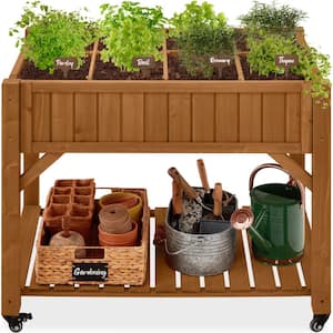 24 in. x 36 in. x 32 in. Elevated Mobile Pocket Herb Garden Bed Planter w/Lockable Wheels - Acorn Brown