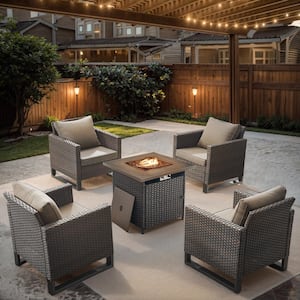 U-Weave 5-Piece Brown Wicker Outdoor Square Fire Pit Conversation Set with Gray Cushions and Armchairs