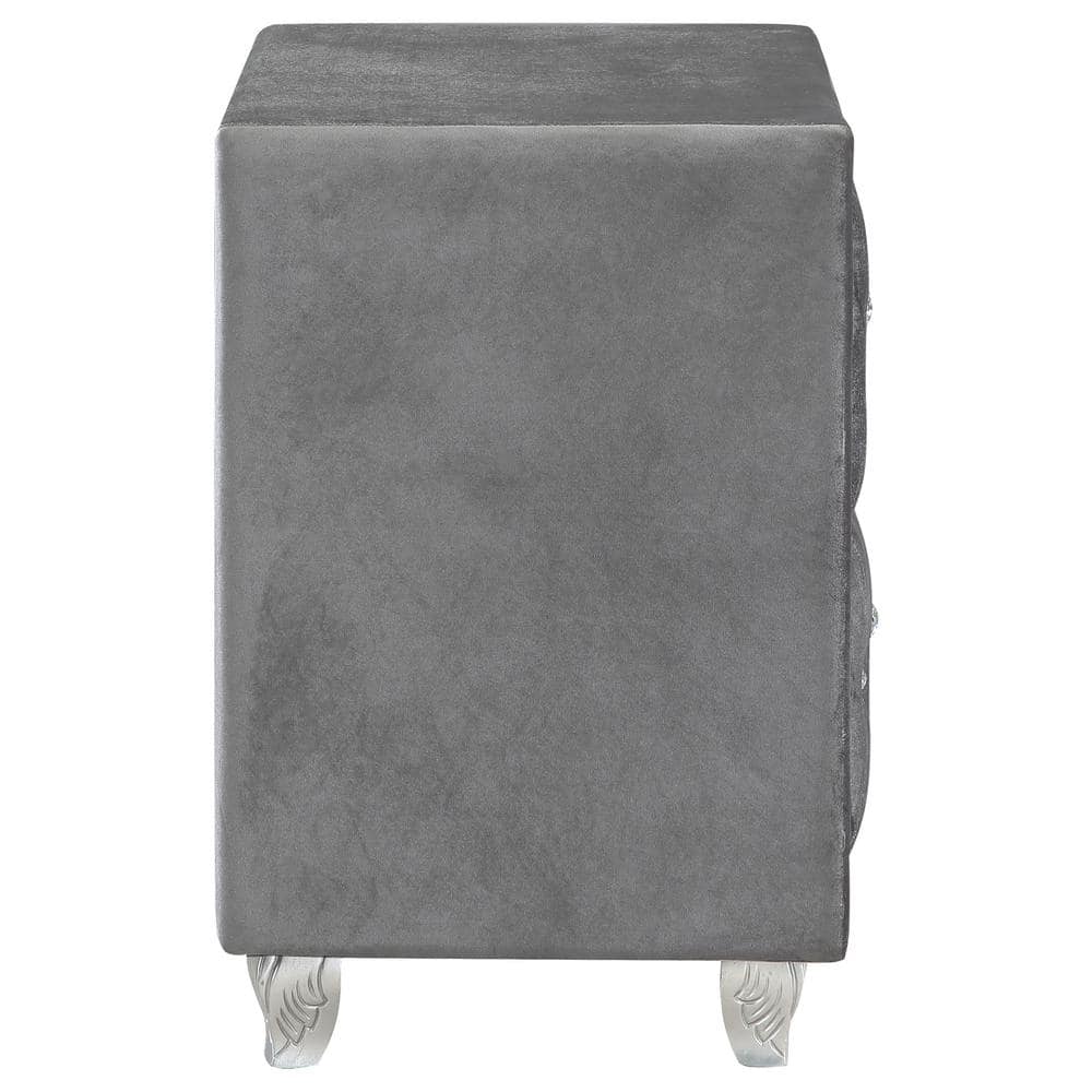 Gray Velvet 2-Drawer Nightstand with Crystal Pulls
