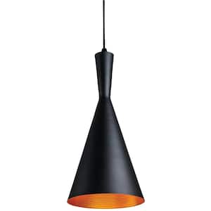 1-Light Matte Black Vintage Cone Style Adjustable Cord Length Pendant Light with Gold Reflector
