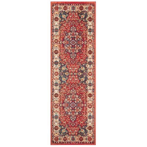 Kashan 3 ft. x 12 ft. Red/Ivory Antique Border Runner Rug