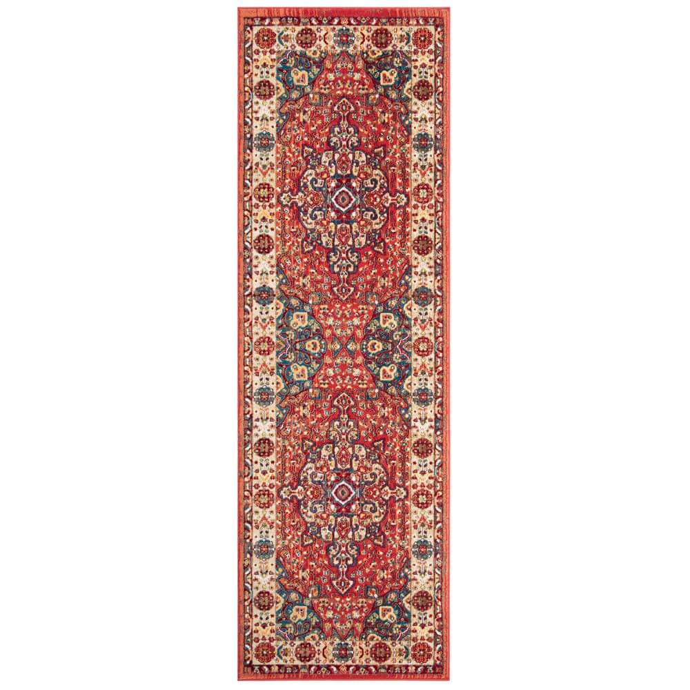Kashan Red and Ivory Floral Synthetic Runner Rug 2'6" x 8'