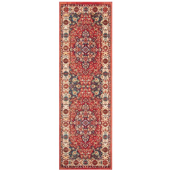 Kashan Red/Ivory 3 ft. x 8 ft. Antique Border Runner Rug