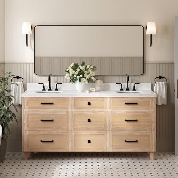 ARIEL Monroe 72 in. W x 22 in. D x 36 in. H Double Oval Sink Bath Vanity in Oak with Carrara White Quartz Top