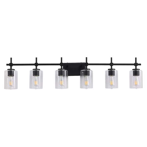 46 in. 6 Light Matt Black Paint Vanity Light with Clear Glass Shade