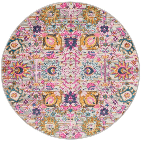 Nourison Passion Silver 4 ft. x 4 ft. Floral Transitional Round Area Rug