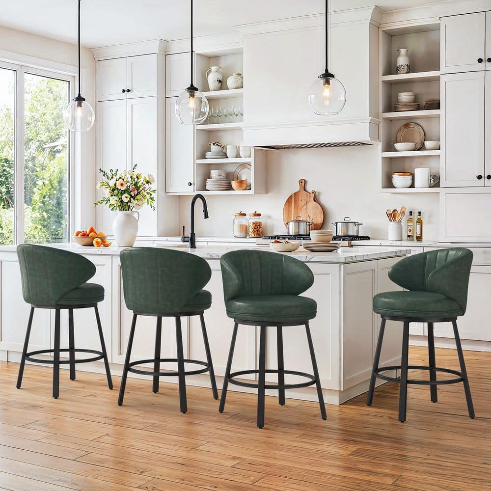 Mattis 26 in. Green Faux Leather Swivel Bar Stool Metal Frame Curved Low Back island Counter Height Stools (Set of 4) price history on PriceWatchPro