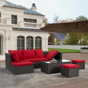 7-Piece Wicker Patio Conversation Set with Red Cushions