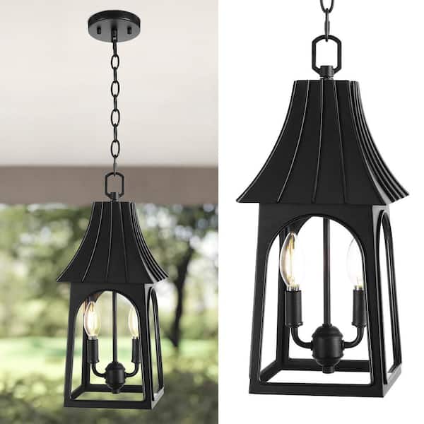 LamQee 15 in. 2-Light Black Outdoor Pendant Light with Clear Glass
