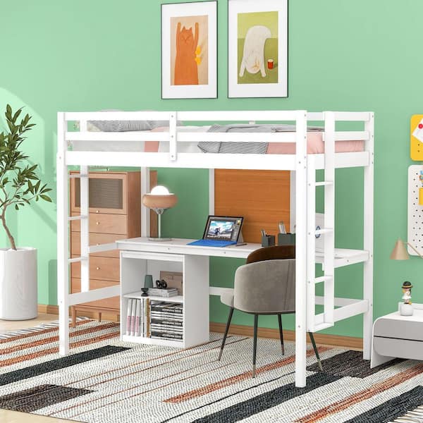 White Twin Size Wood Loft Bed with Desk and Writing Board, 2 Drawers Cabinet