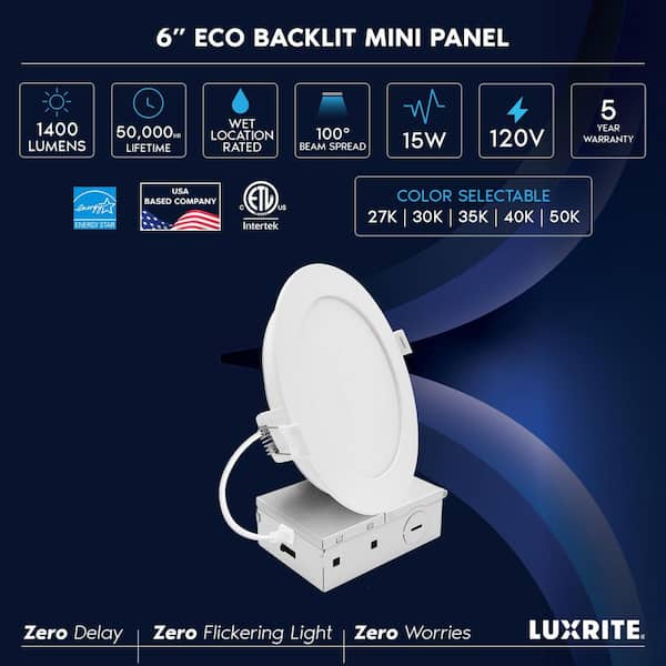 6 in. Integrated LED Recessed Light, Mini Panel Light, 5CCT, 1400LM, 15W, 100° Beam, Dimmable, ETL Listed 48 Pack