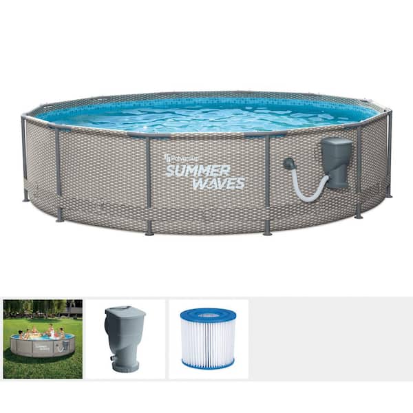 Round Set - Summer with 33 ft. P2D01233A Home D Pump The 12 Frame in. Waves Metal Pool Depot