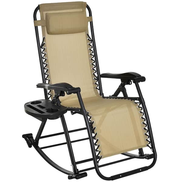 Unbranded Outdoor Rocking Chair Metal Foldable Reclining Zero Gravity Lounge Rocker with Pillow, Cup and Phone Holder,Beige