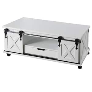 47 in. Antique White/Black Large Rectangle Wood Coffee Table with Drawers