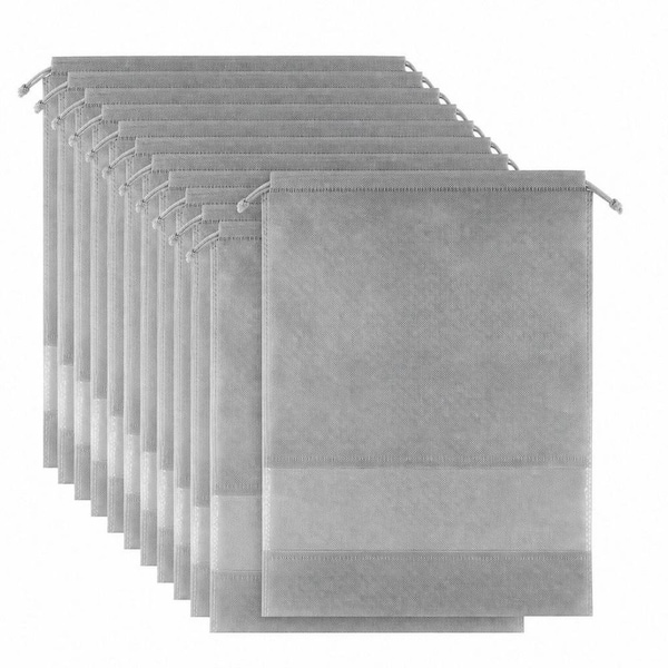 Gray Breathable Shoe Bags w/ Clear Window, 12-Pack Large Drawstring Travel Luggage Organizers for Shoes and Accessories