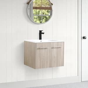 24 in. W x 18 in. D x 18 in. H Wall Mounted Bath Vanity in Imitative Oak with White Gel Basin Top,Sink,Soft Close Doors