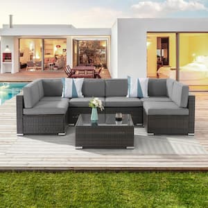 7-Piece PE Wicker Patio Furniture Set Outdoor Rattan Sectional Sofa Sets with Smoky Grey Cushion
