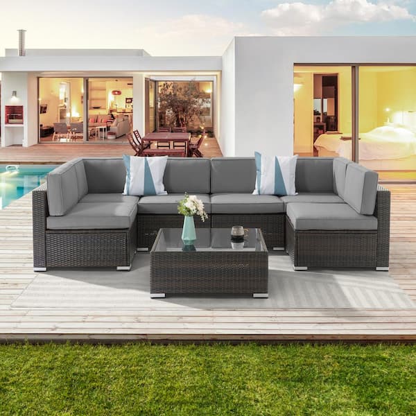 Sonkuki 7-Piece PE Wicker Patio Furniture Set Outdoor Rattan Sectional Sofa Sets with Smoky Grey Cushion