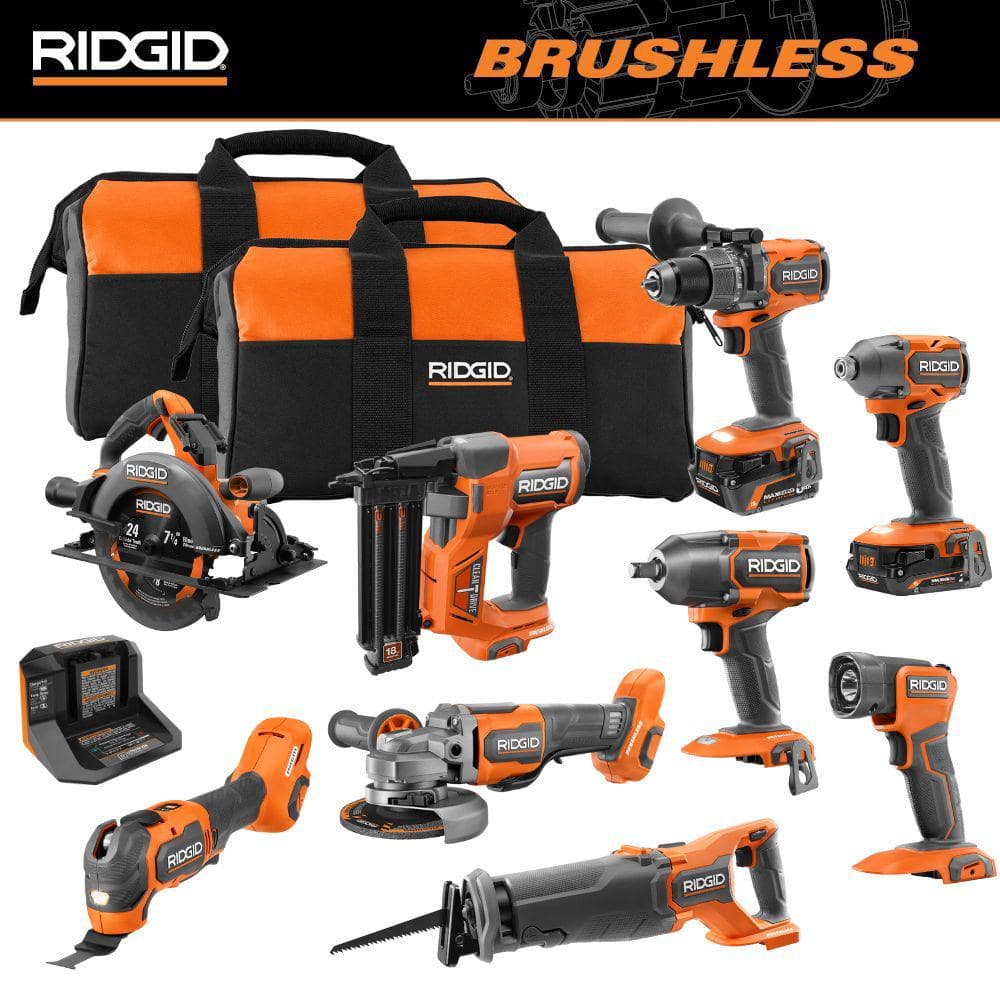 RIDGID 18V Brushless 9-Tool Combo Kit with 6.0 Ah and 2.0 Ah MAX Output Batteries and Charger