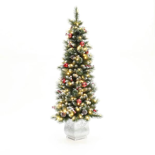 5 ft. PreLit Pine Artificial Christmas Tree with Pinecones and Snowflake Planter Pot