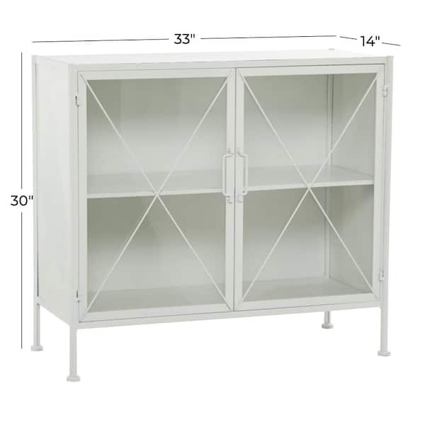 White Metal 1 Shelf and 2 Doors Geometric Cabinet with Glass Front Panels