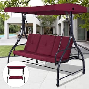 3 Seats Metal Patio Swing Hammock with Dark Red Cushions and Adjustable Tilt Canopy