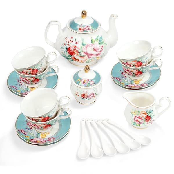 21-Piece Green Floral Porcelain 6-Cup Vintage Ceramic Tea Set with Saucers and Teapot for Women Party