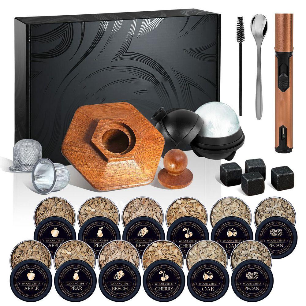 Oak Wood Whiskey Smoker Kit with Torch and 6 Flavored Wood Chips, Cocktail Infuser (No Butane)