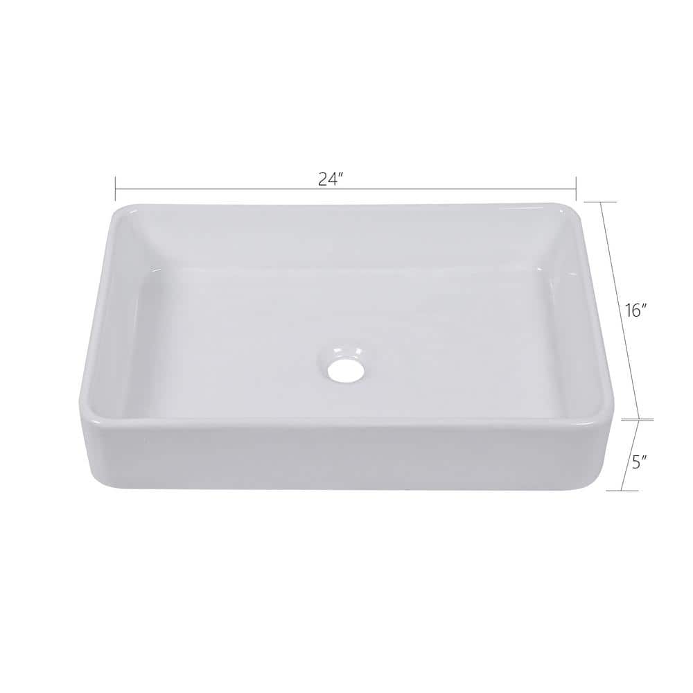 White Rectangular Ceramic Vessel Sink for Bathroom, 24" x 16"