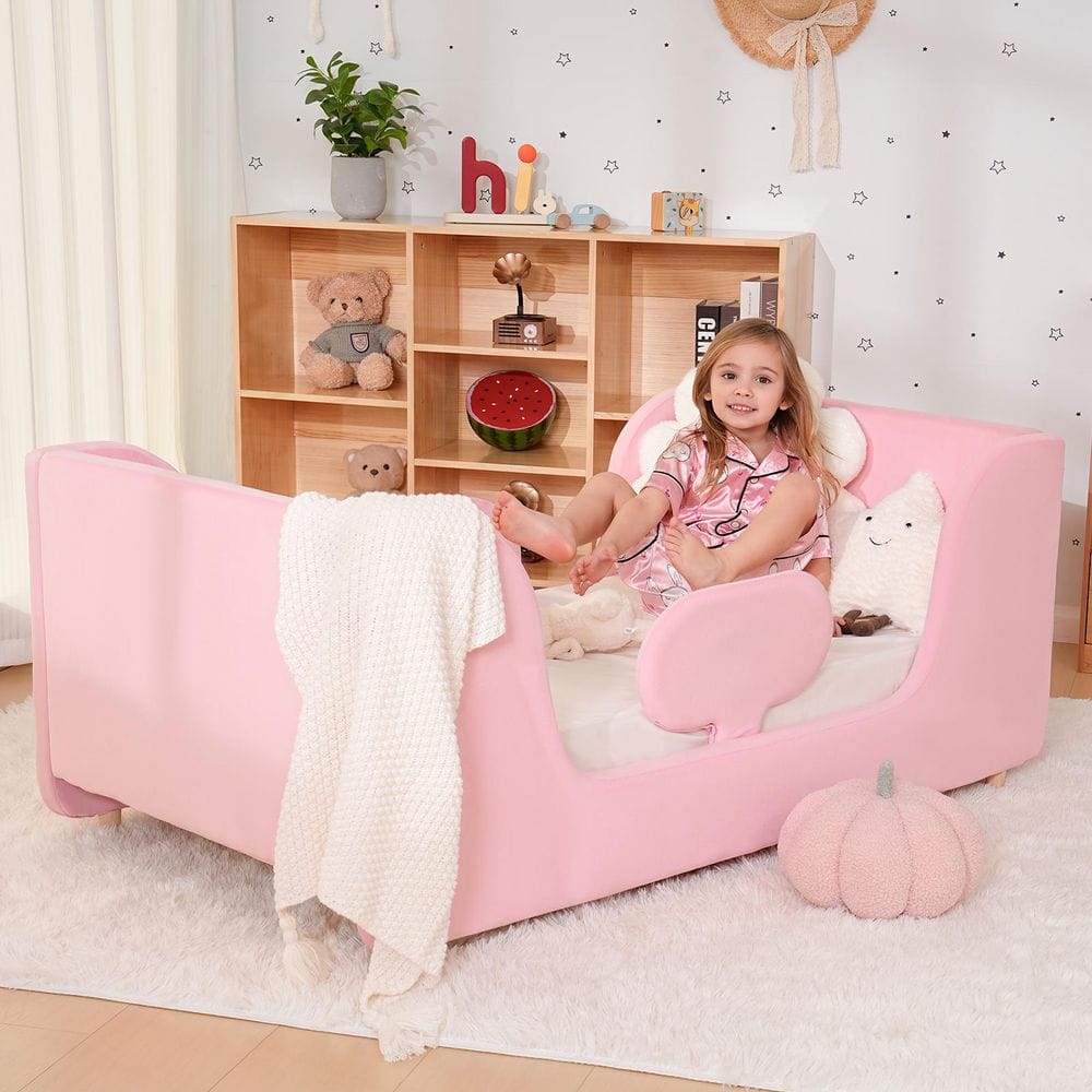 Toddler Floor Bed with Removable Safety Rails Kids Bed Standard Crib Size Toddler Upholstered Bed, Pink price history on PriceWatchPro