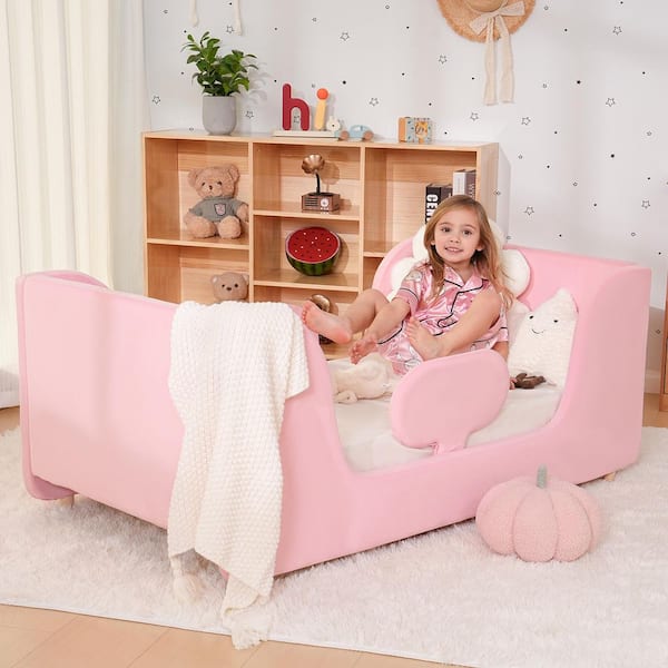 BOZTIY Toddler Floor Bed with Removable Safety Rails Kids Bed Standard Crib Size Toddler Upholstered Bed, Pink