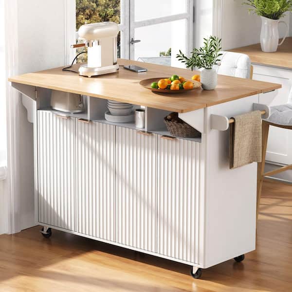 Ziyudura White Wood 56 in. Kitchen Island with Drop Leaf, Power