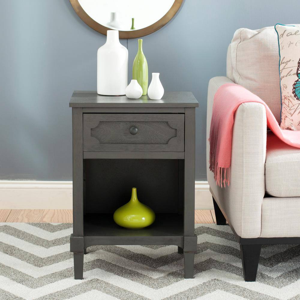 Transitional Gray Pine Wood Storage Side Table with Drawer