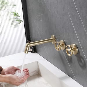 Industrial Double Handle Wall Mounted Bathroom Sink Faucet in Brushed Gold