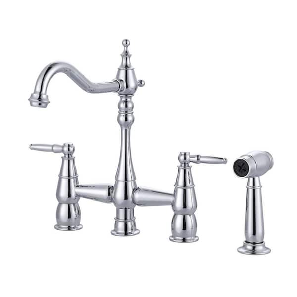 Solid Brass 4 Hole Double Handle Bridge Kitchen Faucet with Side Sprayer Deck Mount in Polished Chrome