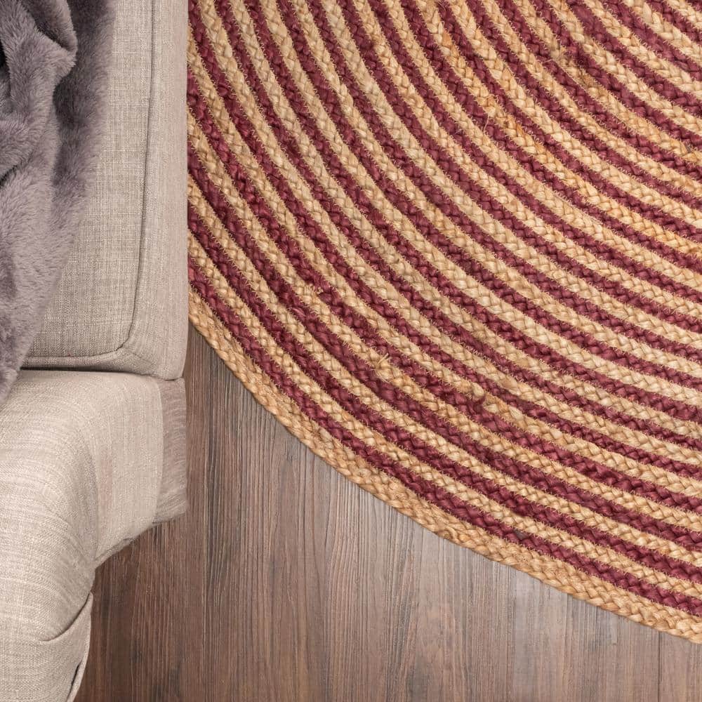 Braided Burgundy and Natural Jute Round Area Rug, 8'