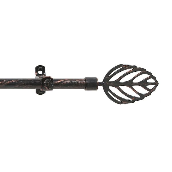 Metallo Leaf 66 in. - 120 in. Adjustable 3/4 in. Single Curtain Rod in Black/Copper Leaf Finials