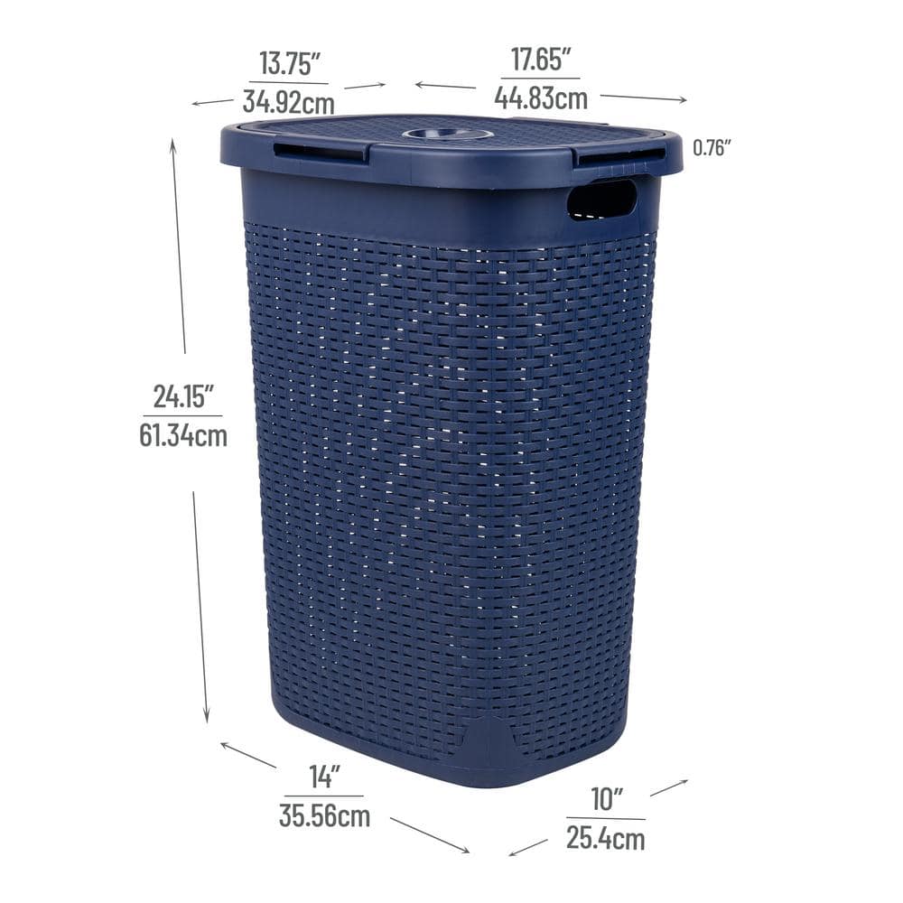Navy Wicker Design Rectangular Plastic Laundry Hamper with Lid