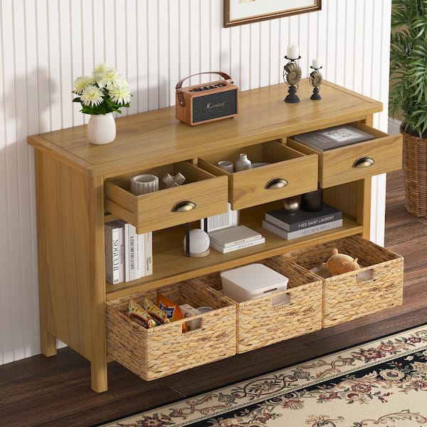 Harper & Bright Designs Natural 47 in. Rectangle Wood Vintage Console Table with 3 Water Hyacinth Woven Baskets, 3 Drawers