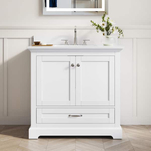 36 in. W x 34 in. H Single Sink White Freestanding Bath Vanity with White Cultured Marble Top, Baskplash, Assembled