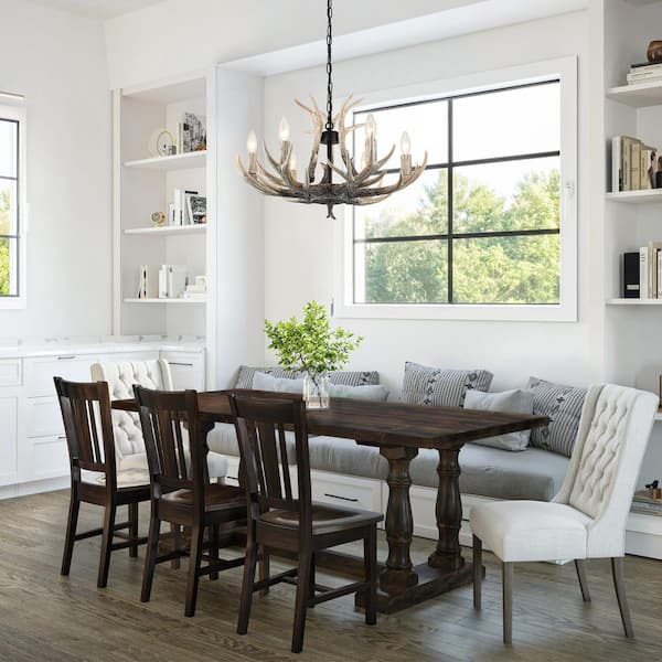 Faux Antler Chandelier – Vintage Farmhouse Style, 6 Lights, Resin Antlers With Iron-Cloth Shades, E14 Base, Adjustable 50cm Chain, 78cm Diameter, For Living Room, Bedroom, Rustic Decor