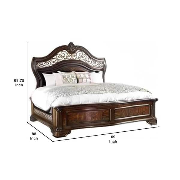 Benjara Odora Brown Cherry and Gold Wood Frame Queen Panel Bed