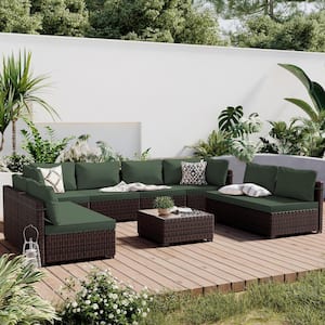 9-Piece Wicker Patio Conversation Seating Set with Pine Green Cushions and Coffee Table