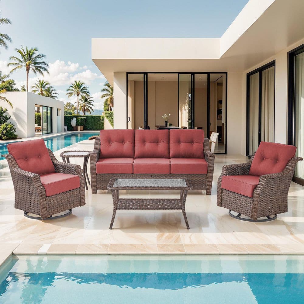 Modern Farmhouse 5-Piece Brown Wicker Patio Conversation Set with 6 In. Red Olefin Cushions/Outdoor Swivel Chairs price history on PriceWatchPro